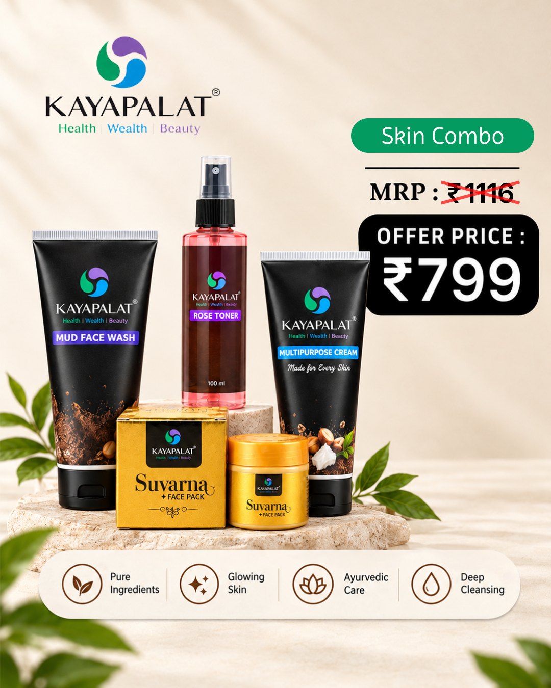 Kayapalāt Skin Care Combo Kit – Mud Face Wash, Rose Toner, Suvarna Face Pack & Multipurpose Cream