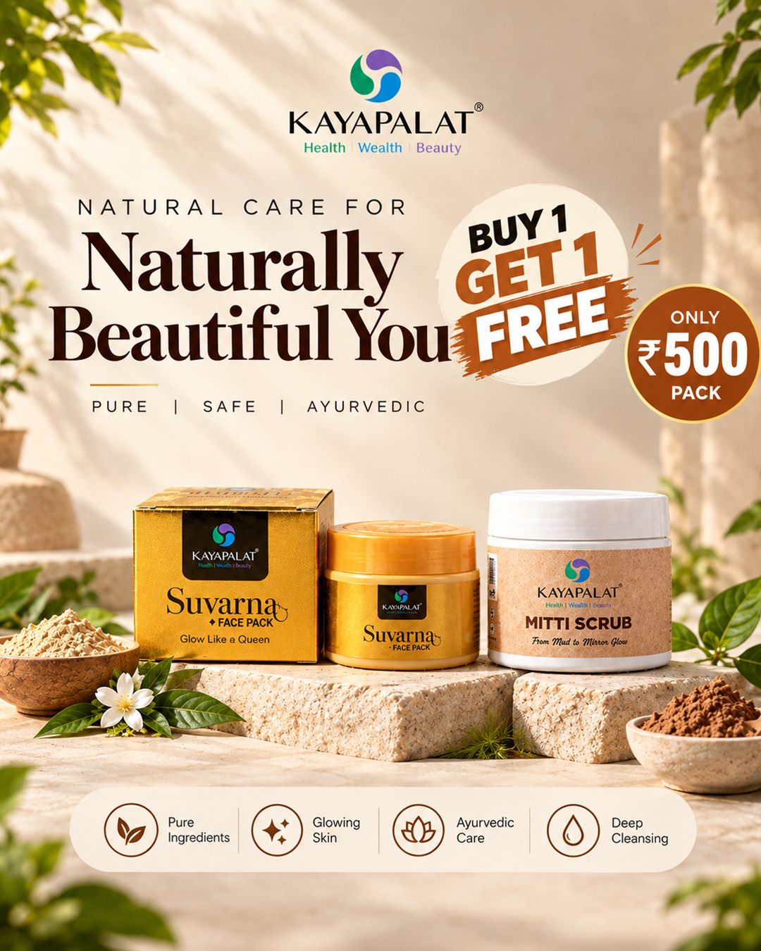 Kayapalatat Suvarna Face Pack & Mitti Scrub – Buy 1 Get 1 Free at Just ₹500