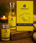 KAYAPALAT Breast Reduce Kit featuring a yellow box, a yellow oil bottle with a silver cap, and a small yellow jar with a silver lid, arranged on a wooden block with a warm, blurred background.