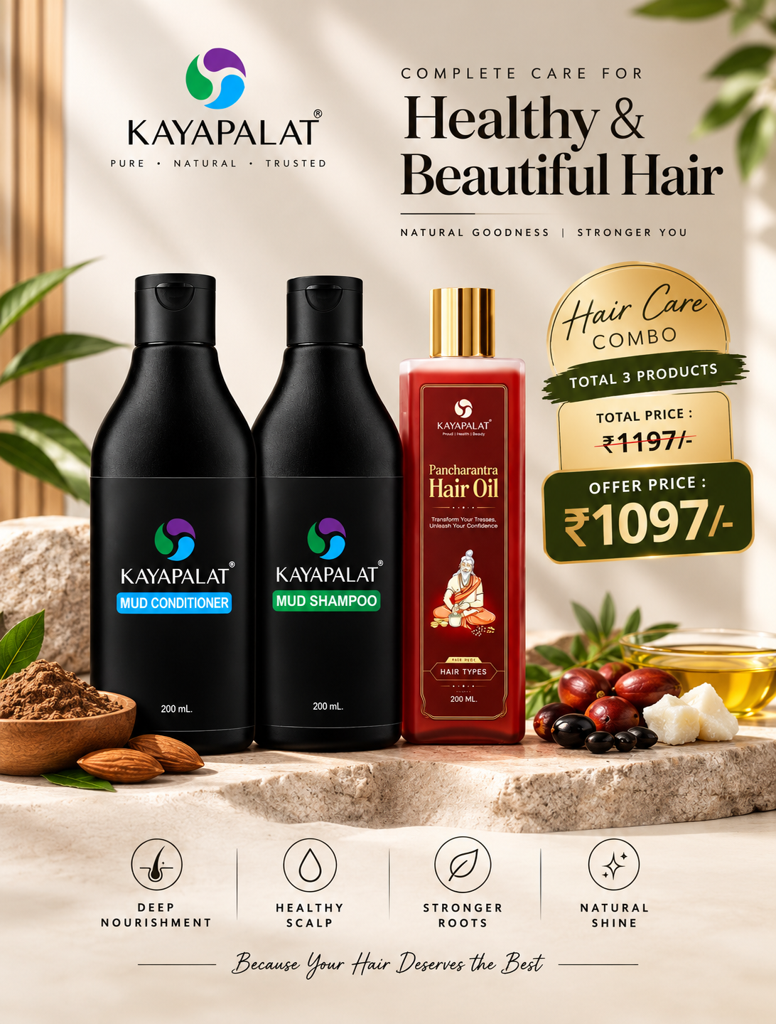 Kayapalat Premium Natural Hair Care Combo – Mud Shampoo, Mud Conditioner & Pancharantra Hair Oil