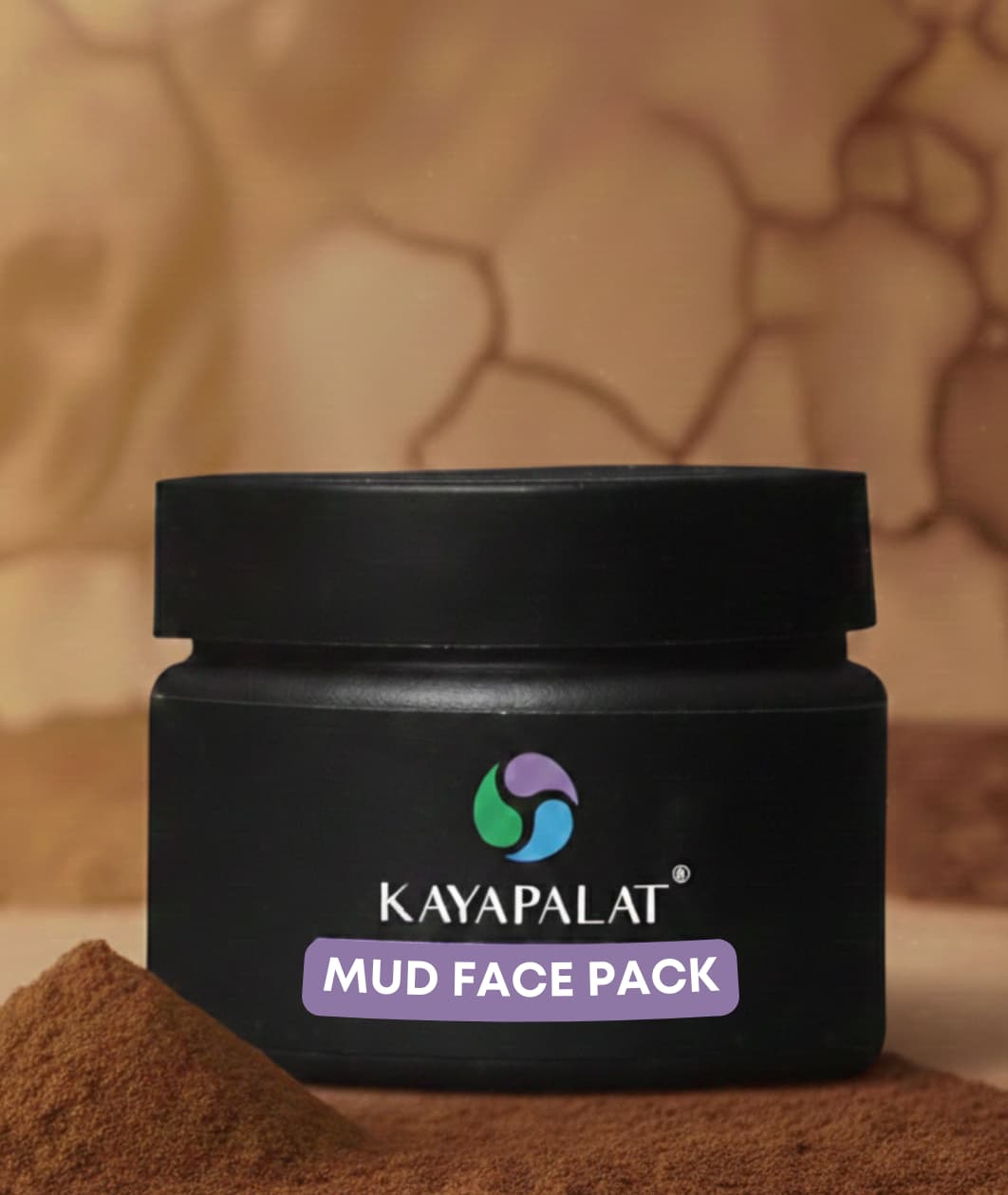Black jar of Kayapalat Mud Face Pack with a textured brown background